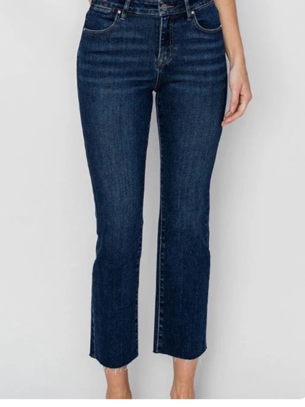 Risen Mid-Ride Dark Blue Straight Ankle Jeans with raw edge